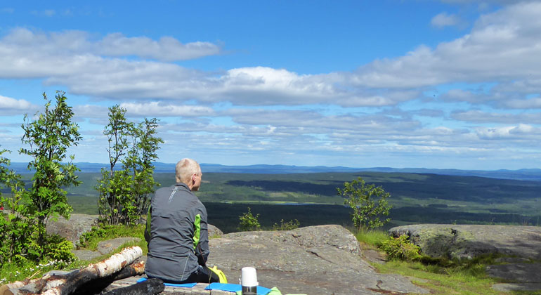 Man sitter på en klippa med en termos bredvid sig och tittar över skogslandskapet.