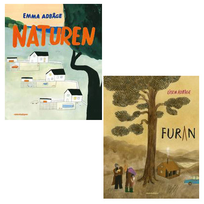 Framsidorna av böckerna Naturen och Furan. Målade bilder i dova toner med ett stort träd och några hus och människor.
