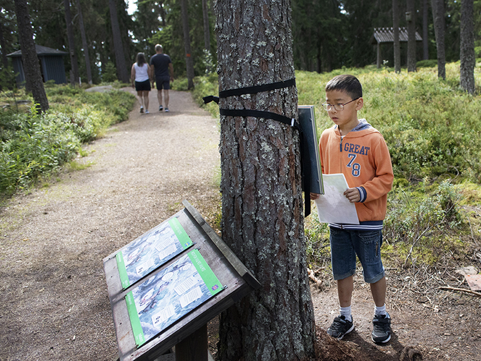 En pojke med svart hår och glasögon läser en fråga till skattjakten utanför naturum.